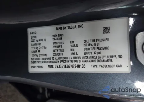 2022 Tesla Model 3 Long Range Dual Motor All-Wheel Drive from USA, damaged, VIN 5YJ3E1EB7NF240105